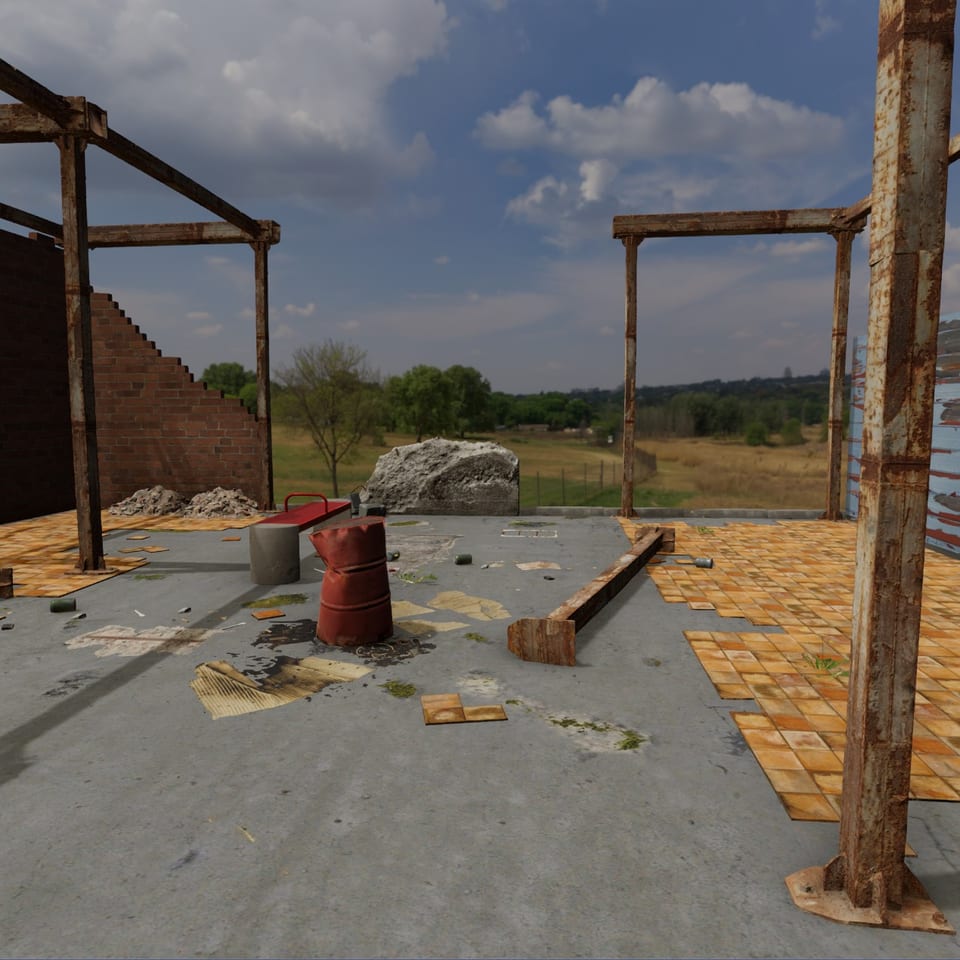 Real-time 3D environment of an abandoned factory yard with rusted beams