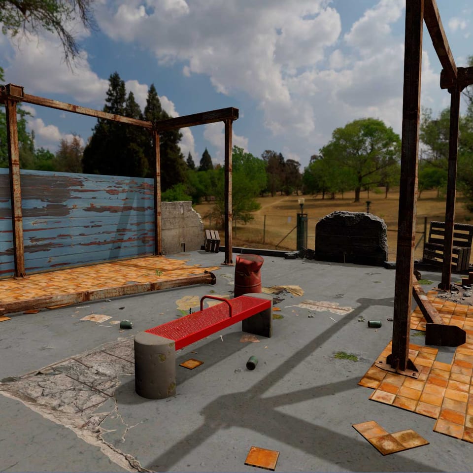 Real-time 3D environment of an abandoned factory with a red bench and scattered debris