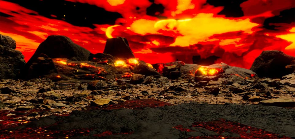 Real-time 3D environment of a glowing lava field under a fiery sky