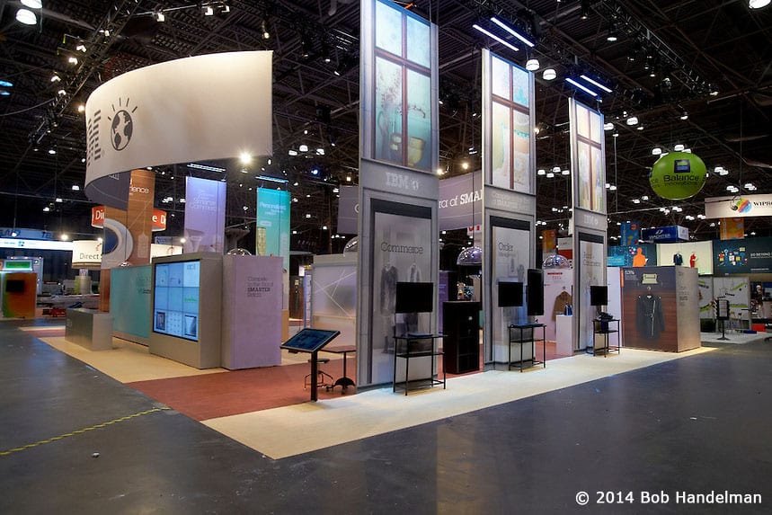 The Large Format Demo towers with screens in tall window frames, the night before NRF 2014 opened