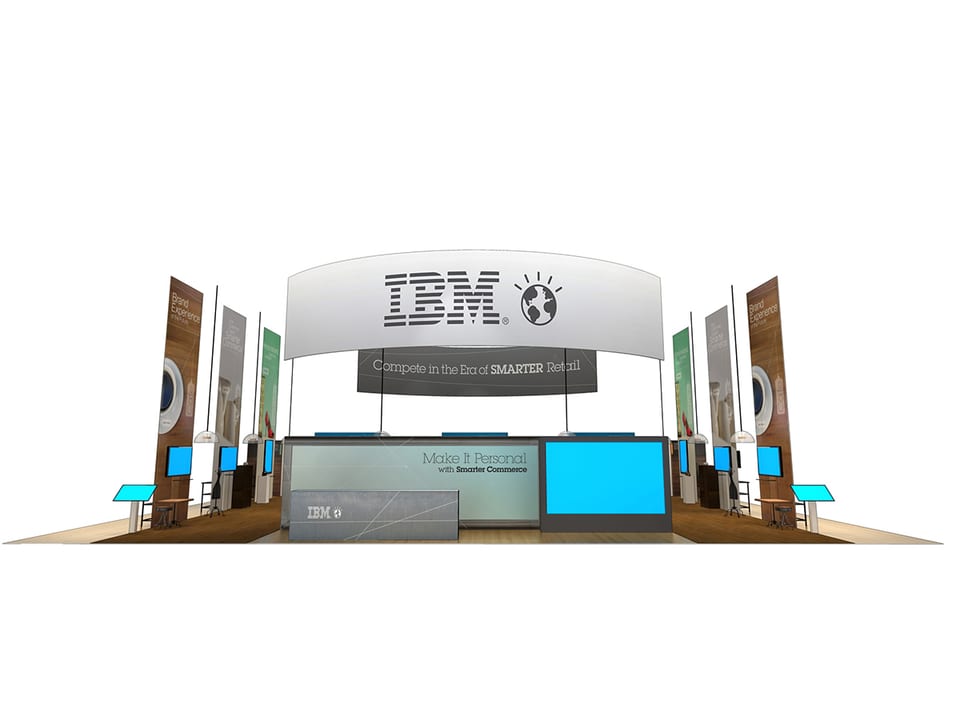Front-view 3D rendering of the IBM NRF 2014 booth with the IBM sign above the central demo counter