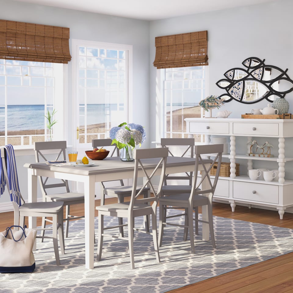 3D rendering of a bright beach-house breakfast nook with a white table and chairs