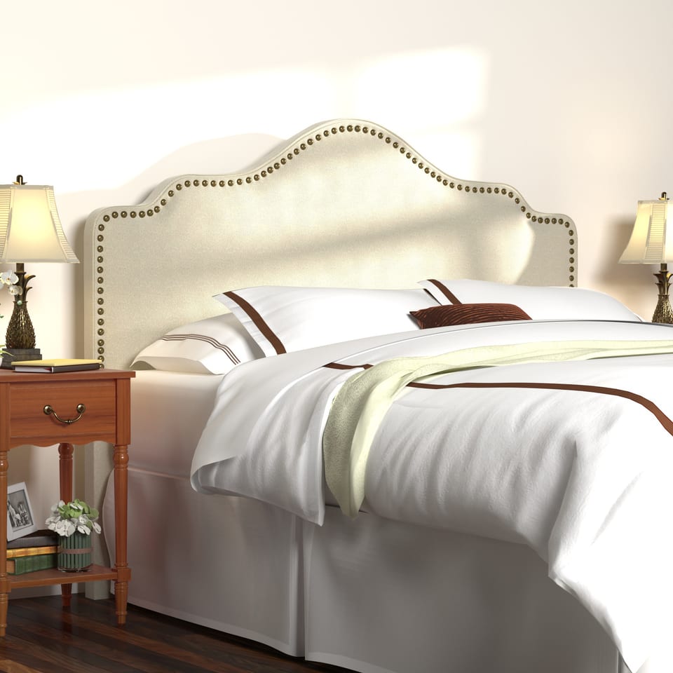 3D rendering of a master bedroom with an upholstered headboard and white bedding