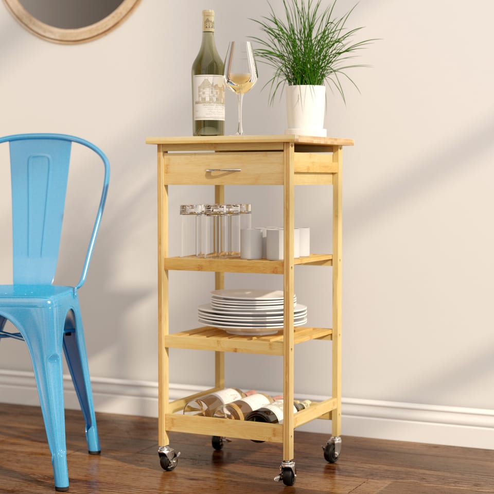 3D rendering of a kitchen cart with a wine bottle and a blue chair