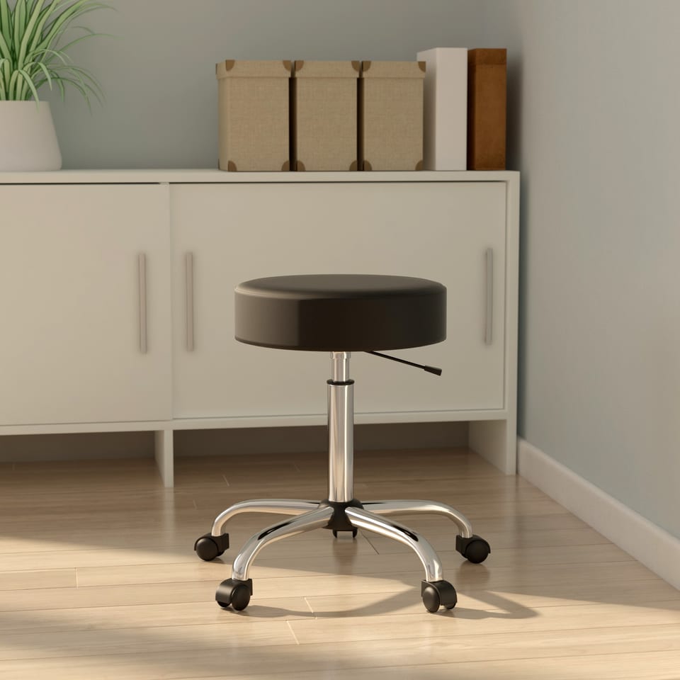 3D rendering of a stool beside a white filing cabinet