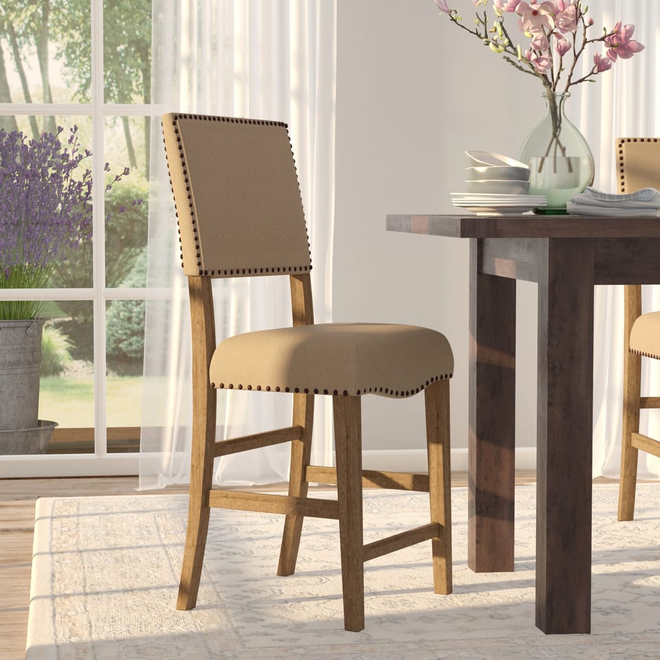 3D rendering of a wooden counter stool at a dining table by a window