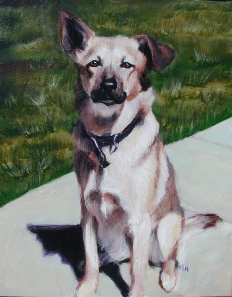 Portrait painting of Jesse, a shepherd mix dog sitting on a sidewalk