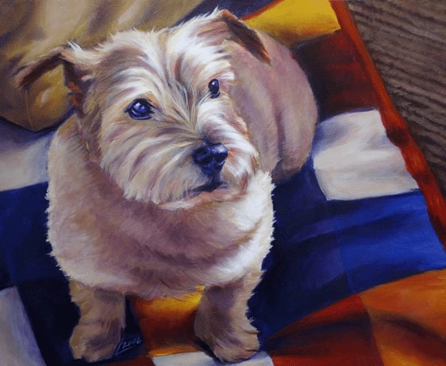Portrait painting of Liberace, a white terrier resting on a colorful blanket