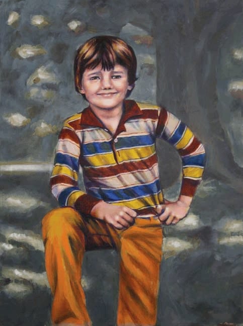 Portrait painting of Obie, a smiling boy in a striped sweater