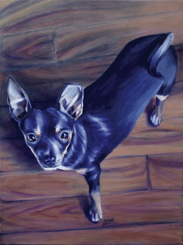 Portrait painting of Señor Toro, a small black dog with large ears