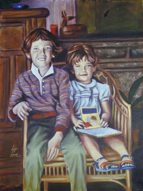 Portrait painting of two young siblings, Sheridan and Morgan, seated together in a chair