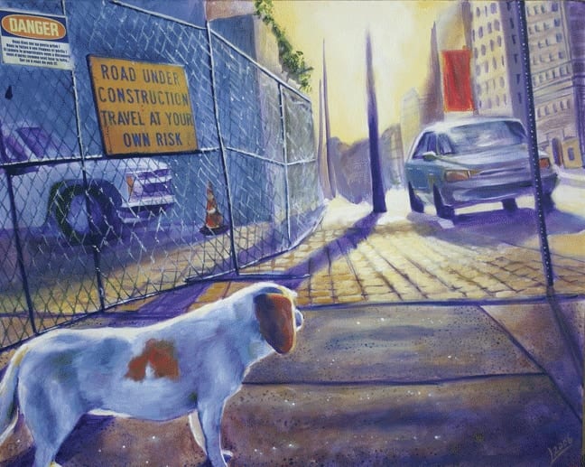 Lyla-belle the beagle on a sunlit city sidewalk by a construction fence at dawn