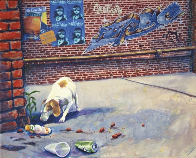 Lyla-belle the beagle foraging for scraps by a graffiti-covered brick wall at noon