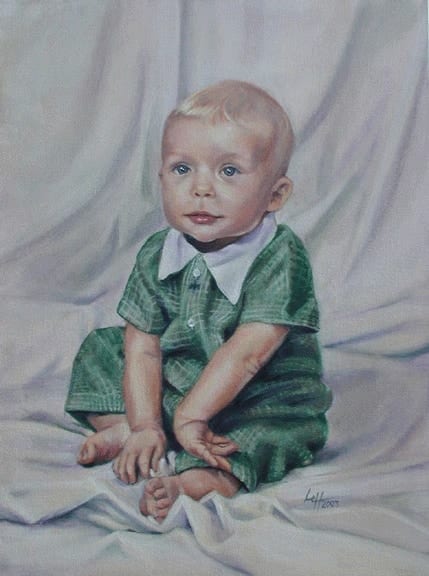 Portrait painting of Timmy, a baby in a green outfit sitting on a white blanket